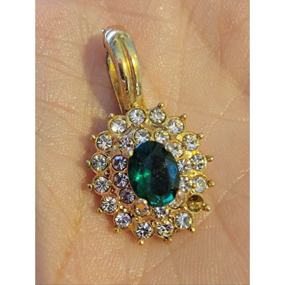 #Vintage #ROMAN Signed Emerald Green Glass & Rhinestones #Pendant #Enhancer